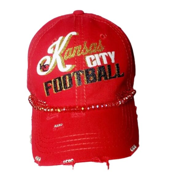 Kansas City Football Red Fitted Baseball Cap with Beads, Swrki.Cry. & Glitter. - Picture 1 of 4